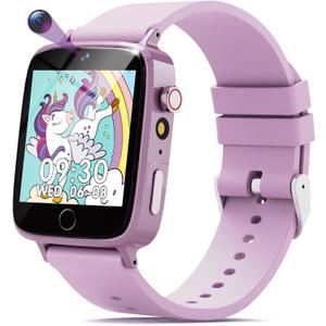 Kids Smart Watches Girls, Kids Watch for 5 6 7 8 9 Years Old Travel Birthday Gifts Toys, Watch for Kid Ages 5-7 with 26 Puzzle Games Music Player Pedometer Alarm Clock Learn Cards (Purple)