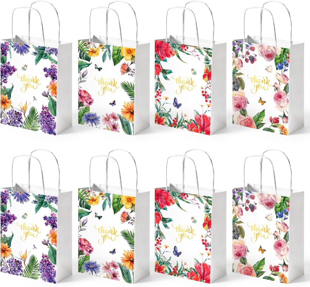 VGOODALL 24 Pack Thank You Gift Bags, 5.5x8x2.8 Inch Small Return Gift Bags with Handles Floral Design for Business, Baby Showers, Weddings, Boutique (Multicolor)
