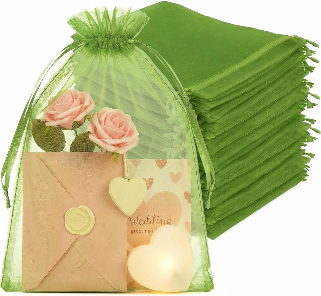 Crweety 50PCS Green Organza Bags 8x12 Large, Mesh Bags Drawstring Baggies for Gifts Treats Jewelry Sachet Candy, Party Favor Goodie Bag Pouches for Wedding Birthday Mother's Day, Fruit Protection Bag