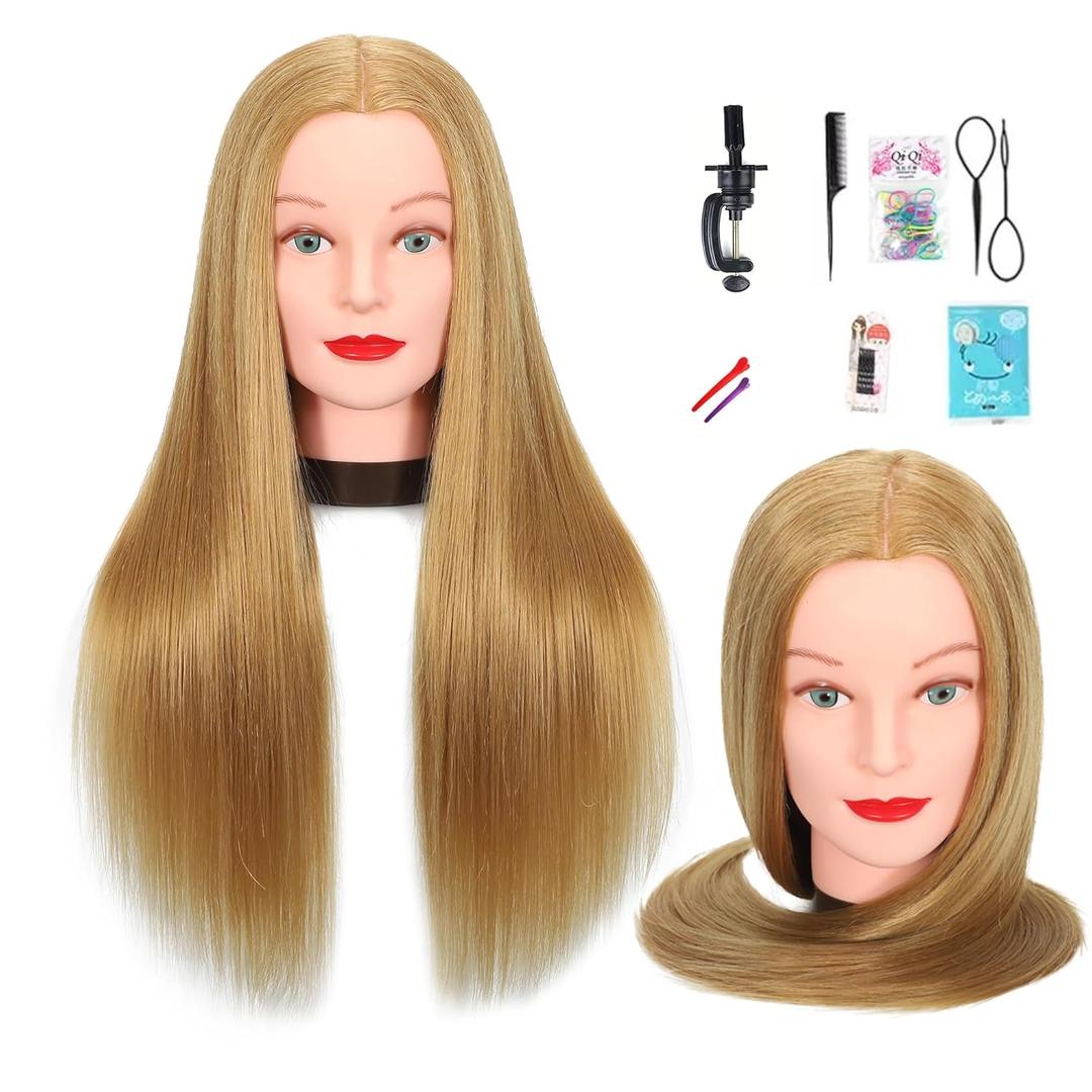 Mannequin Head with Hair 60% Human Hair Straight Hair 24" Doll Head with Hair Light Brown Color Practice Hair Braiding Training Head Hair Styling Cosmetology Manikin Head for Hairdresser (27#)