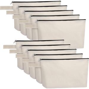 10 Pieces Cotton Canvas Makeup Bag with Bottom, Multi-Purpose Cosmetic Bag with Zipper Travel Toiletry Pouch, Blank DIY Craft Bag Pencil Bag (M, White), MN-WB07