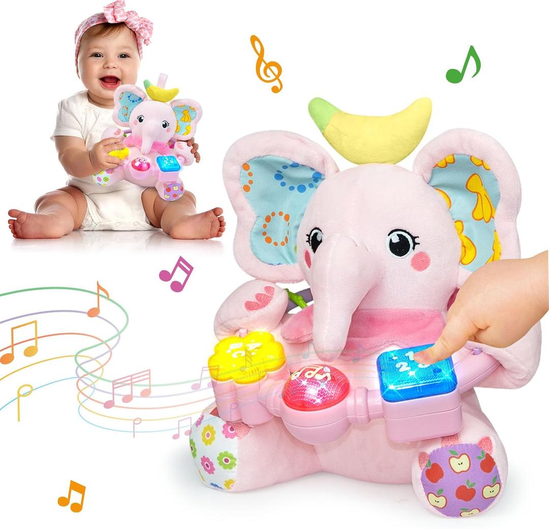 Ryotagift Baby Bilingual Musical Elephant Stuffed Animals Toys,Infant Early Learning Toy with Light-Up Music & Crinkle,Tummy Time Toys for 0 3 6 9 12+ Months for Baby Boy Girl Gift, Pink
