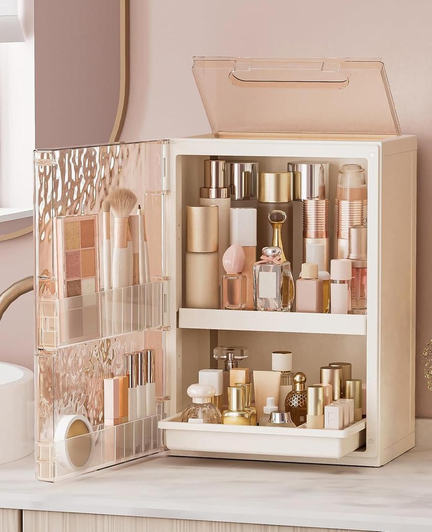 HAIXIN Makeup Organizer with Drawer & Brush Holder, Plastic Cosmetic Display Cases, Large Vanity Organizer Countertop Waterproof for Skincare, Perfume, Bathroom & Dresser (White & Amber)