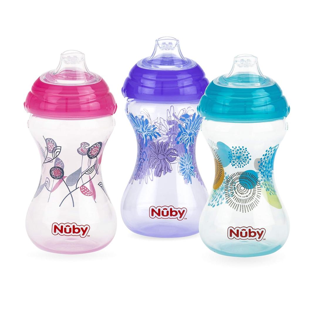Nuby Clik-It No-Spill Baby Sippy Cup with Soft Spout - (3 Pack) 10 oz - 6+ Months - Pink/Purple/Aqua