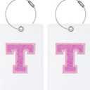 Sodsay 2 PCS Initial Luggage Tag, Luggage Tags for Suitcases Cute Sequin Letter PU Leather Travel Bag Baggage Tags ID Label with Steel Loops for Women Kids Teens(T, White Leather+Hot Pink Letter)