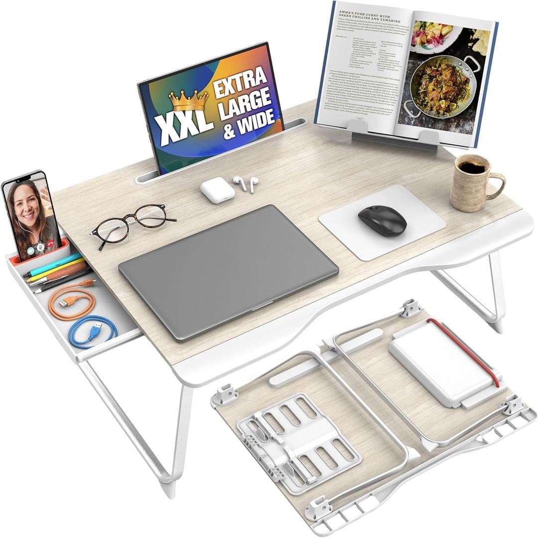 Cooper Mega Table Plus Premium XXL Extra Large Laptop Desk for Bed, Table for Laptop in Bed, Desk for Floor | Portable, Folding Legs, Book Stand, Tablet Groove, Drawer, Extra Wide Surface (White Oak)