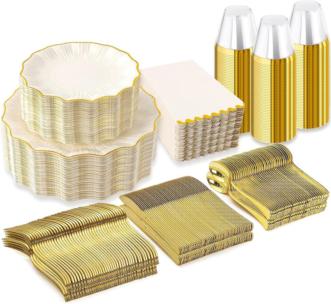 I00000 350 PCS Ivory and Gold Plastic Plates for 50 Guests, Premium Scalloped Disposable Dinnerware Set Include: 100 Disposable Plate, 50 Napkins, 50 Cups, 50 Silverware Set for Party & Wedding