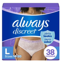 Always Discreet Adult Incontinence Underwear for Women and Postpartum Underwear, Large, Up to 100% Bladder Leak Protection, 38 Count
