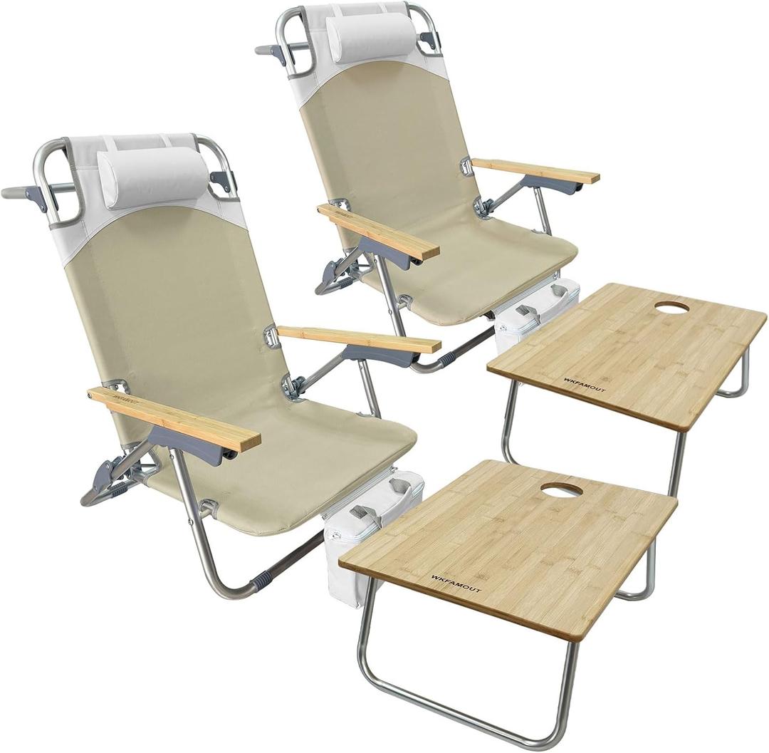 Folding Backpack Beach Chair 2 Pack Aluminum 5-Position with Samll Camping Table Bamboo Lay Flat Lounge Chair Outdoor for Adults with Insulated Cooler Bag (Khaki)