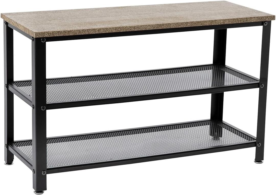 Flash Furniture Easton 3-Tier Shoe Rack with Mesh Metal Shelves, Wooden Storage Shelf with Seat, Entryway, Mudroom, Hallway, Bedroom, 28.75" L, Weathered Wood