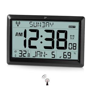 Amgico Digital Wall Clock,10.5" Large Display Atomic Clock,Battery Operated,Digital Calendar Auto Setting with Indoor Temperature,Humidity,Date,Day,Auto DST for Elderly Bedroom Classroom,No Backlight