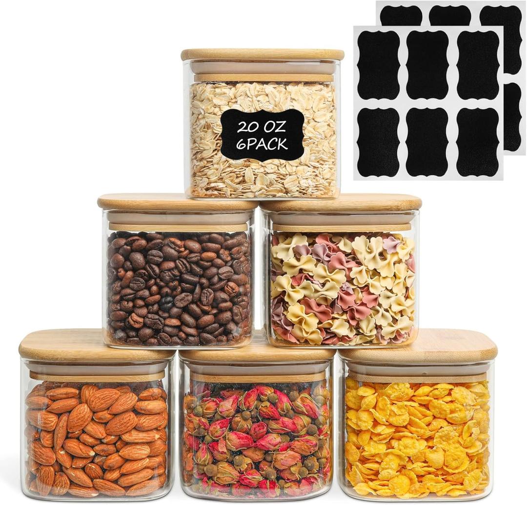 ComSaf 20 oz Glass Food Storage Jars Set of 6, Clear Storage Containers with Airtight Lids, Pantry Organization Jar, Spice Jar, Blooming Tea, Coffee and Sugar Container, Canister Set for Kitchen