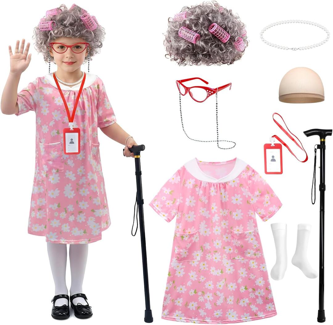 Old Lady Costume for Kids with Wig and Accessories Grandma Outfit 100 Days of School Costume for Girls (Medium, Pink)
