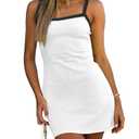 Misng Women's Sleeveless Ribbed Mini Dresses Contrast Color Spaghetti Strap Knit Casual Bodycon Slim Fit Color-Block Dress White, S, White