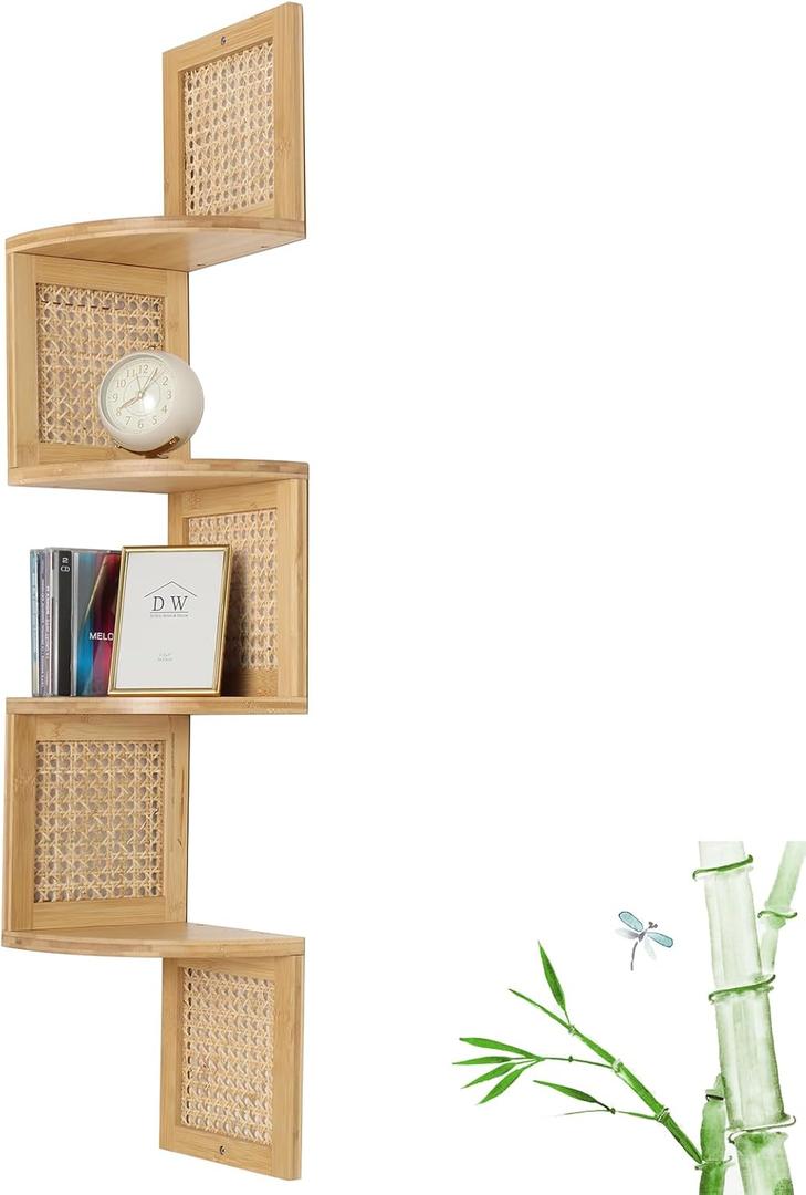 Bamboo 4-Tier Corner Shelf Natural Rattan Floating Corner Shelves Wall Mount Shelves for Living Rooms, Bedroom, Office (02-Bamboo)