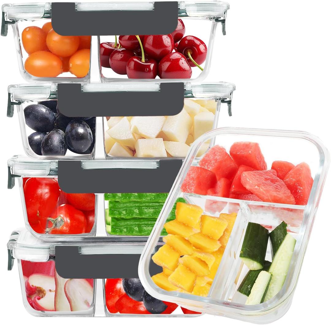 BAYZZ 5 Pack 35 Oz Glass Meal Prep Containers 3 Compartments, Glass Food Storage Containers, Lunch Bento Box with Airtight Lids, Microwave, Freezer & Dishwasher Safe (Gray)