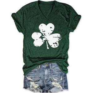 Butovek Womens Funny Lucky Irish Shamrock V Neck Shirt St Patricks Day Graphic Short Sleeve Top Casual Spring Tees(XL, Dark Green02)
