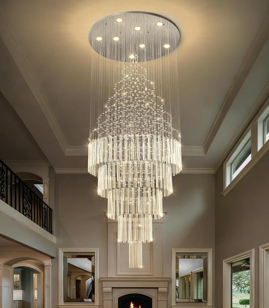 HAIXIANG W24 x H78 Crystal Glam Chandelier Long Light Chandeliers with Dimmable Light Bulbs High Ceiling Light Fixtures for Foyer Entryway Living Room Stair Silver