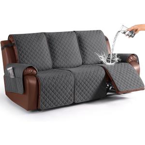 KinCam Waterproof Recliner Sofa Cover, Non-Slip Reclining Couch Covers for 3 Seat, Recliner Couch Cover Furniture Protector with Elastic Straps for Pets, Kids, Charcoal Gray