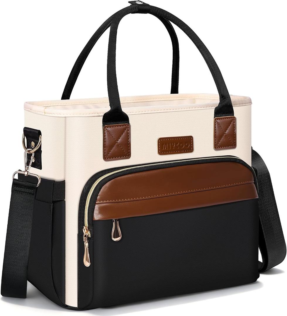 MIYCOO Lunch Bag Lunch Box Women - Leakproof Insulated Lunch Cooler Bag for Women - Large Lunch Tote Bags Adults, Black with Off White with Brown