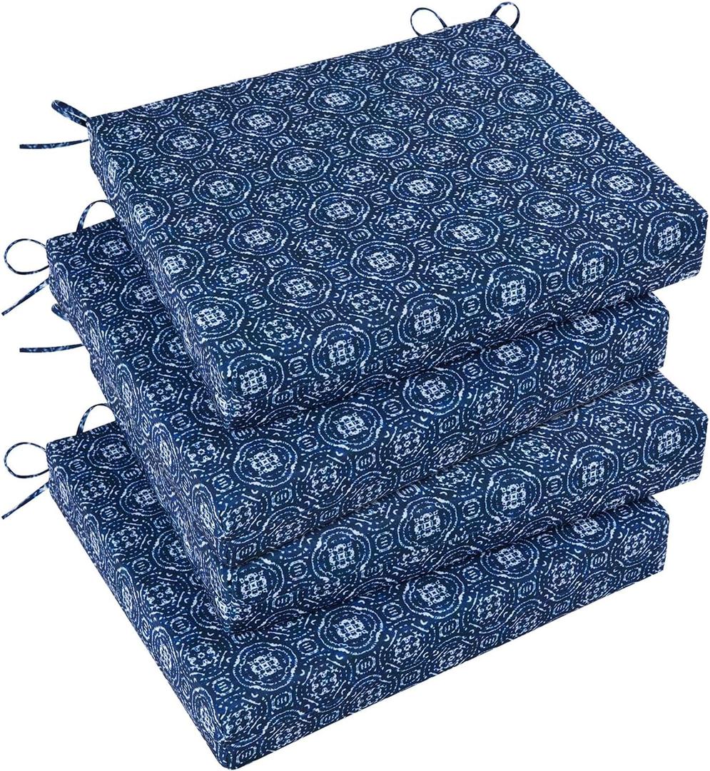 Basic Beyond Outdoor Chair Cushions Set of 4, Square Corner Outdoor Cushions for Patio Furniture, Water Resistant Patio Chair Cushions with 2 Ties, 18.5x16x3, Blue Circles