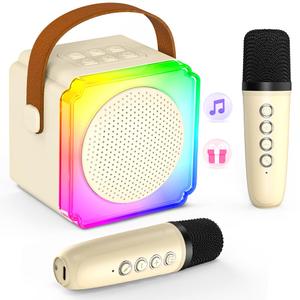 Mini Karaoke Machine for Kids Adults, TOP Toy Gift Bluetooth Karaoke Speaker with 2 Wireless Microphones, LED Party Lights, AUX/USB/TF- Christmas Birthday Gifts for Girls Boys Ages 3-12+, Beige