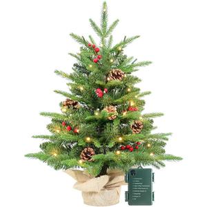 Kadunmina 2ft Pre-lit Table Top Christmas Tree, Small Artificial Xmas Tree with 50 LED Lights/ 177 PE&PVC Tips/ Berries&Pinecones, 24 Inch Mini Tree with Burlap Base for Holiday Indoor Decor, 8 Modes
