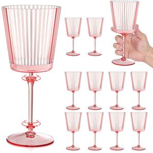 12 PCS Pink Plastic Wine Glasses with Removable Stems 13.5 Oz Pink Ribbed Wine Glasses Square White Wine Glass Muted Pastel Colors Goblets Elegant Fluted Glassware for Wedding Anniversary Birthday