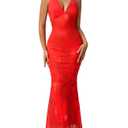 GLNEGE Women's Summer Floral Bodycon Maxi Dress Sexy Backless V Neck Wedding Guest Dresses 2025 Tangerine (Red, XS)