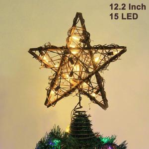Twinkle Star Christmas Star Tree Topper, Rustic Rattan Treetop with 15 LED Lights Christmas Tree Holiday Xmas Party Decorations, 12.2 Inch (H)