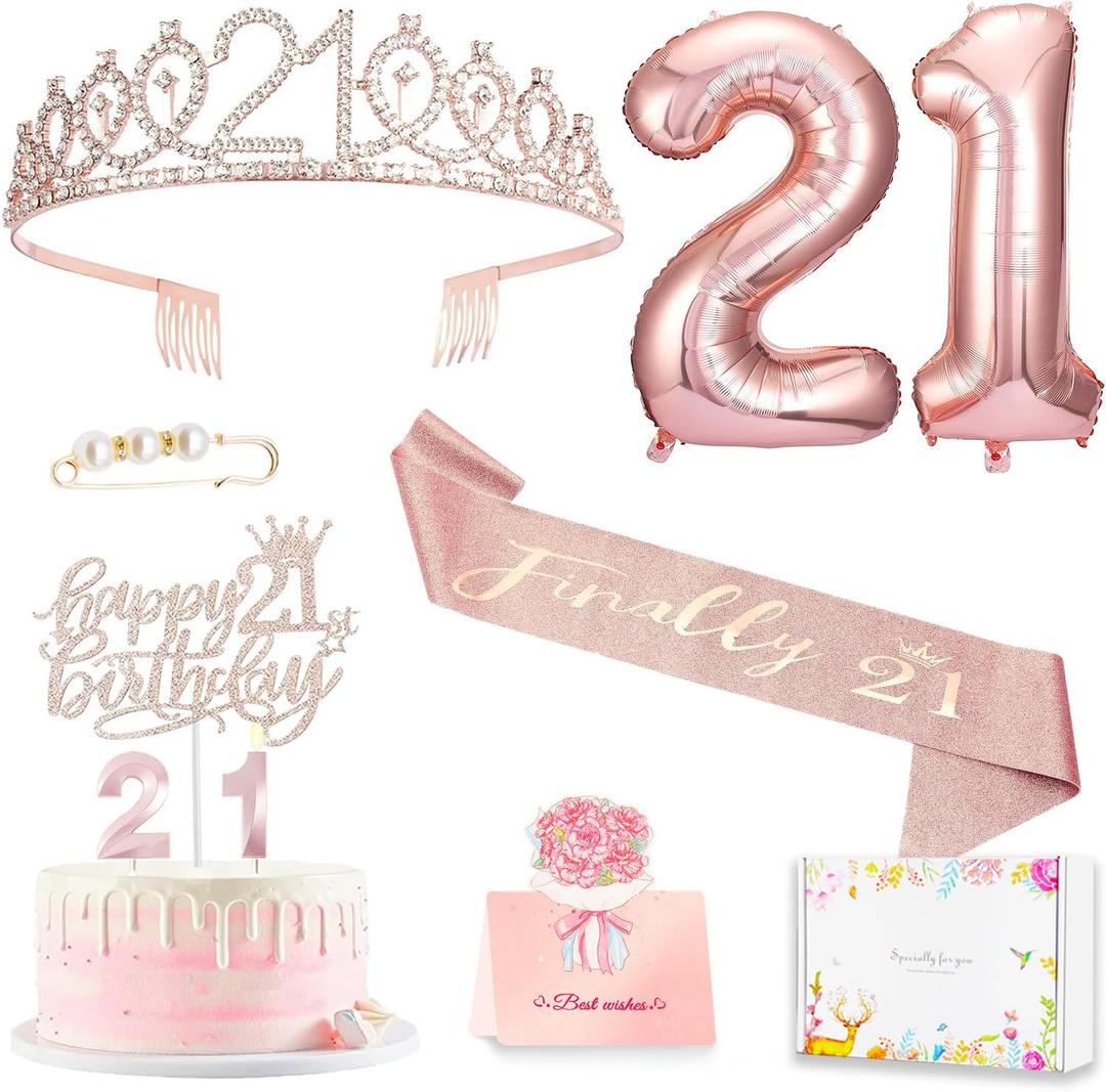 21st Birthday Gifts Decorations for Her, Including 21st Cake Toppers, Birthday Queen Sash with Pearl Pin, Sweet Rhinestone Tiara Crown, Number Candles and Balloons Set, Rose Gold