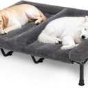 Veehoo Fluffy Plush Double Dog Couch Bed for Two Large Dogs, Washable Elevated Dog Beds with Removable Bolster Cushion, Cooling Raised Pet Cot with Breathable Mesh, No-Slip Feet, 59 x 37 inches, Grey