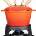 Mabeeze Cast Iron Fondue Pot Set Orange Enameled 1.6 Qt for Cheese, Chocolate, or Meat: Includes 6 Fondue Forks