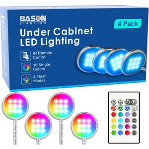 BASON LIGHTING RGB Under Cabinet Lighting, Wireless Remote Control, 16-Color Plug in Puck Lights, Dimmable LED Cabinet Light Kit for Kitchen, Bookshelf, Counter, 4 Pack (RGB (Red, Green, Blue))
