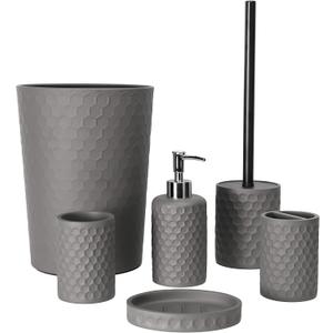 zccz Bathroom Accessory Set, 6 Piece Grey Bathroom Accessories Set with Trash Can, Toothbrush Holder, Toothbrush Cup, Soap Dispenser, Soap Dish, Toilet Brush with Holder, Trash Can, Light Gray