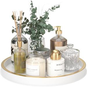 HGF Bathroom Tray for Sponge Soap, 12 Inch Lightweight Metal Round Decorative Tray for Kitchen Sink Centerpiece Countertop Organizer, Perfume Candle Vanity Trays for Bathroom Decor, White Brushed Gold