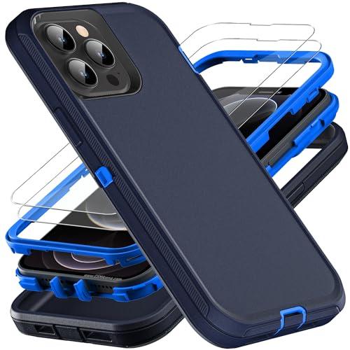 YKHJKLEC for iPhone 13 Pro Max Case, Military Grade 3 in 1 Heavy Duty Shockproof/Drop Proof/Dust Proof Case with 2Pcs Tempered Glass Screen Protector (Navy Blue)
