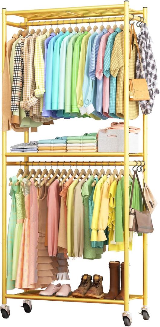 Clothes Rack - 33.0" x 12.2" x 79.5" Clothing Rack with Shelves & Wheels, Multi-Functional Wardrobe Closet with Hooks, Sturdy Metal Garment Rack for Bedroom, Laundry, Balcony (Gold) (Large)