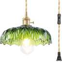 Plug-in Pendant Light Vintage Kitchen Island with Plug-in Cord ON/OFF Switch Green Flower Glass Mid-Century Modern Farmhouse Fixture Small Brass1 Light Deco Chandelier for Dining Room Bedroom