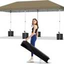 10x20 Pop Up Canopy - Easy Up Camping Tent with One Roller Bag, 3 Adjustable Height, 4 Weight Bags for Deck, Garden, Sports, Beach, Party - Khaki