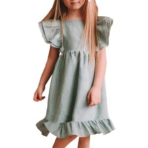 Girls Dress Linen Boho Party Ruffle Sleeve A-Line Floral Hem Loose Fit Summer Outfits for 5-12 Years Kids (Green)