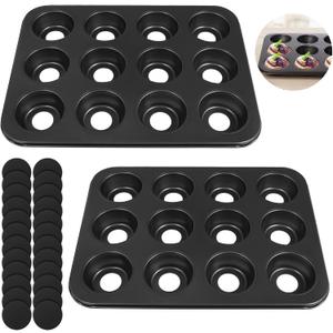 2 Pcs Mini Cheesecake Pans, 12-Cavity Muffin Cupcake Pans with Removable Bottom, Non-Stick Carbon Steel Baking Pans, 12 Hole Mini Sandwich Tins with Loose Bases, 13.8×10.4"