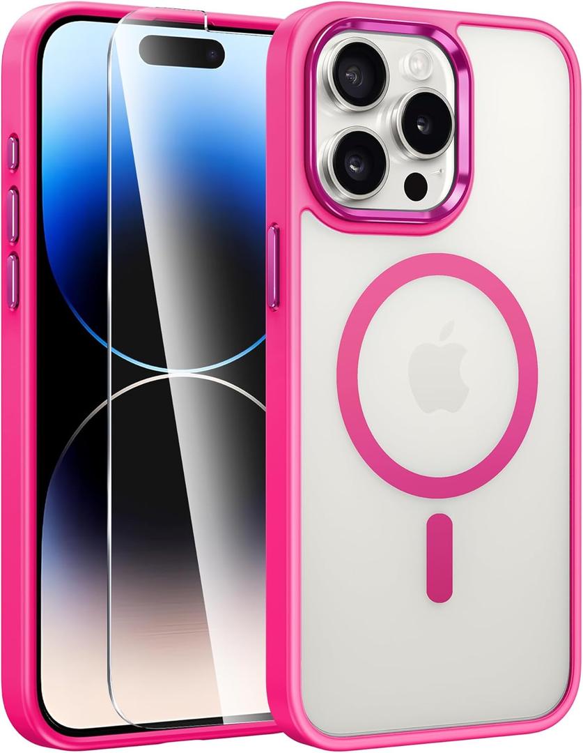FNTCASE for iPhone 14 Pro Case: Strong Magnetic Phone Case with Screen Protector | Translucent Matte Slim Shockproof Protective Drop Protection Phone Cover (Hot Pink)
