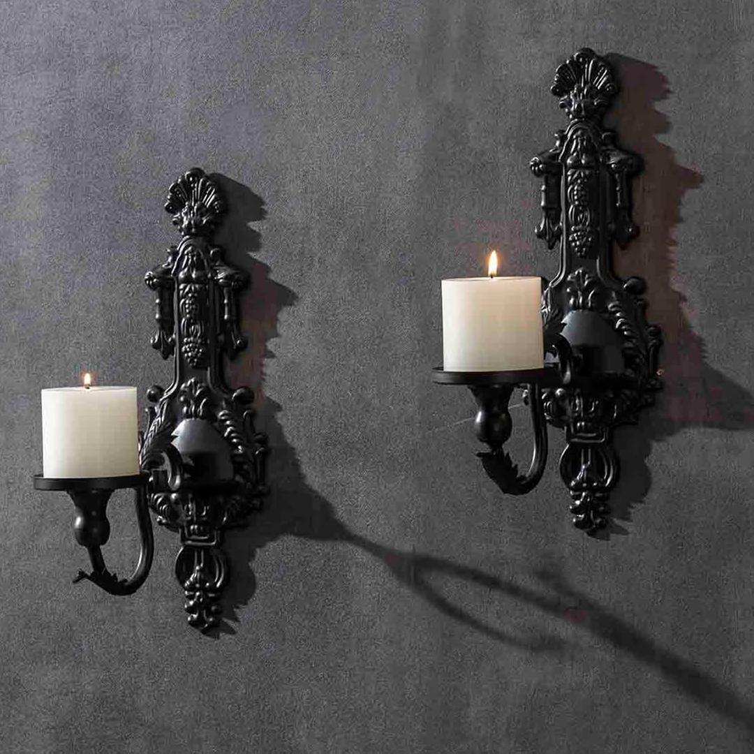 GAKA Wall Sconce Candle Holder Set of 2 Gothic Metal Candle Sconce Black Candle Holders Vintage Wall Mount Candle Holders Decorative, Black