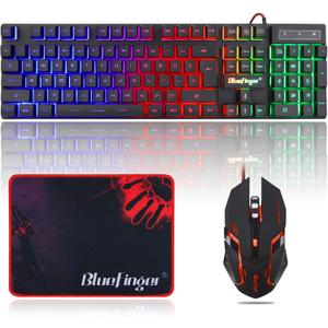 BlueFinger RGB Gaming Keyboard and Backlit Mouse Combo, USB Wired, LED Gaming Set for Laptop PC Computer Game and Work (Black)