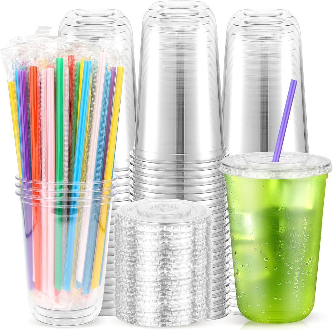 100PCS 16 oz Clear Plastic Cups with Lids and Colorful Straws, Round Bottom Disposable To Go Coffee Smoothie Juice Bubble Tea Cups, PET Party Cups for Holiday, Birthdays, Picnics, Christmas