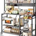 SUPERJARE Bakers Rack with Power Outlet, 47.2 Inches Coffee Bar with 3 Level-Adjustable Open Shelves, Wire Basket, Kitchen Microwave Stand with 6 S-Shaped Hooks, Grey (Charcoal Gray)