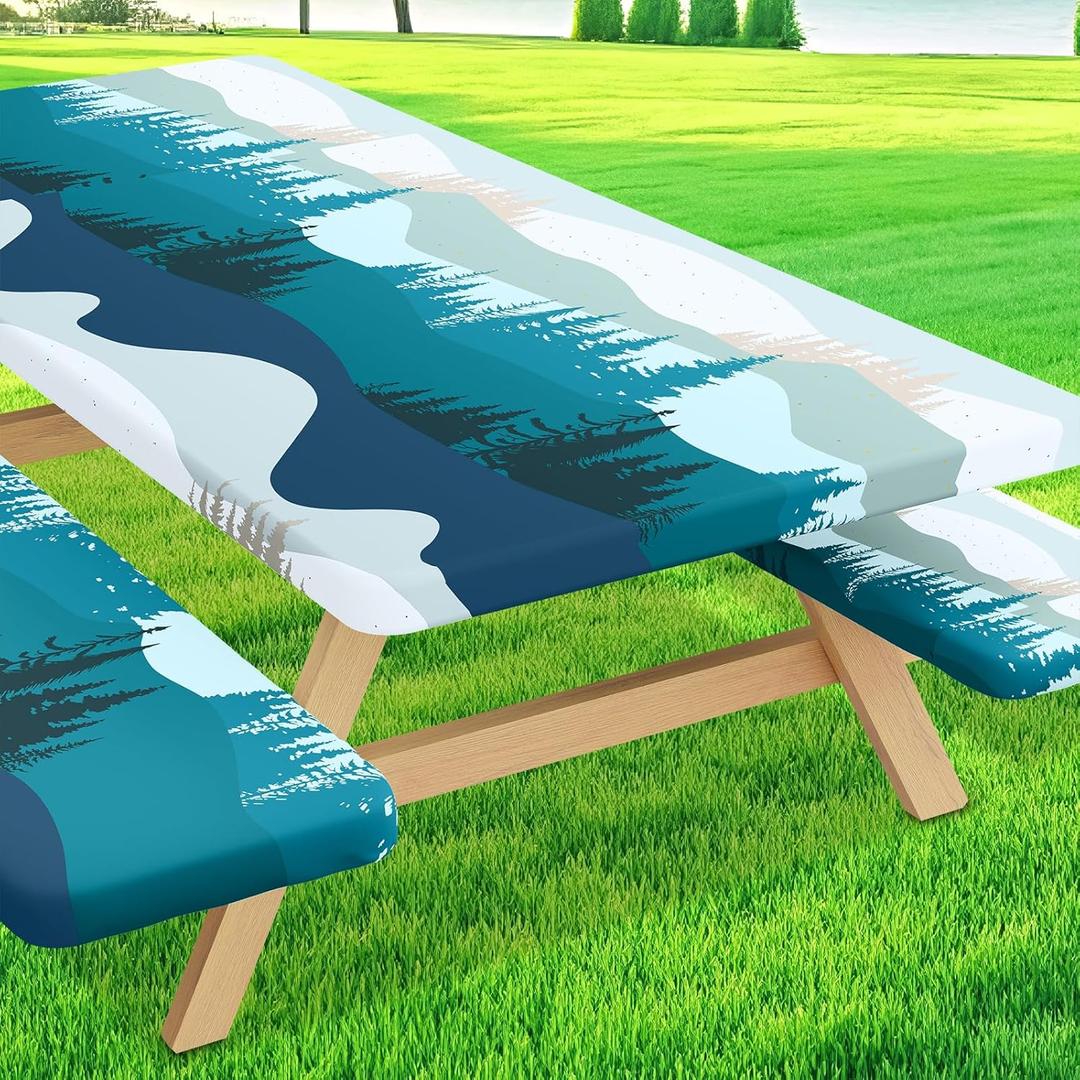 Moosfor Picnic Table Cover with Bench Covers, Elastic Fitted Spandex Tablecloths for 6 Foot Rectangle Tables, Stretch Washable Patio Tablecloth for Outdoor, Camping (Forest, 30"x72")