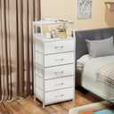Furnulem White Dresser with 5 Drawers, Vertical Storage Tower Fabric Dresser for Bedroom, Hallway, Entryway, Nursery, Closet Organizer, Nightstand Bedside Table Furniture, Sturdy Steel Frame, Wood Top White