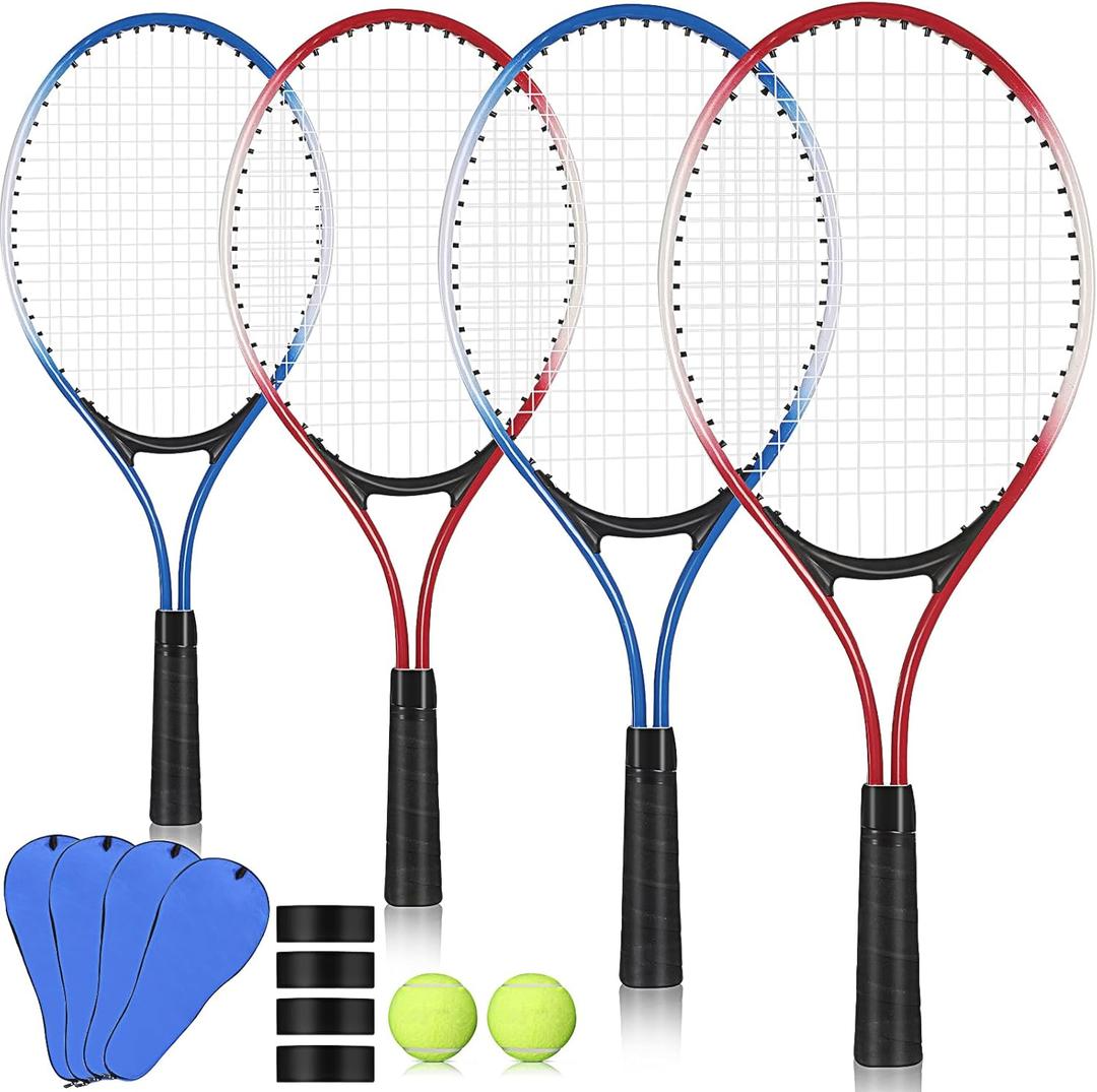 4 Pack Tennis Rackets Recreational 21 Inch Lightweight Tennis Racket Bulk with Balls Overgrips Carry Bag for Training Beginners, as shown